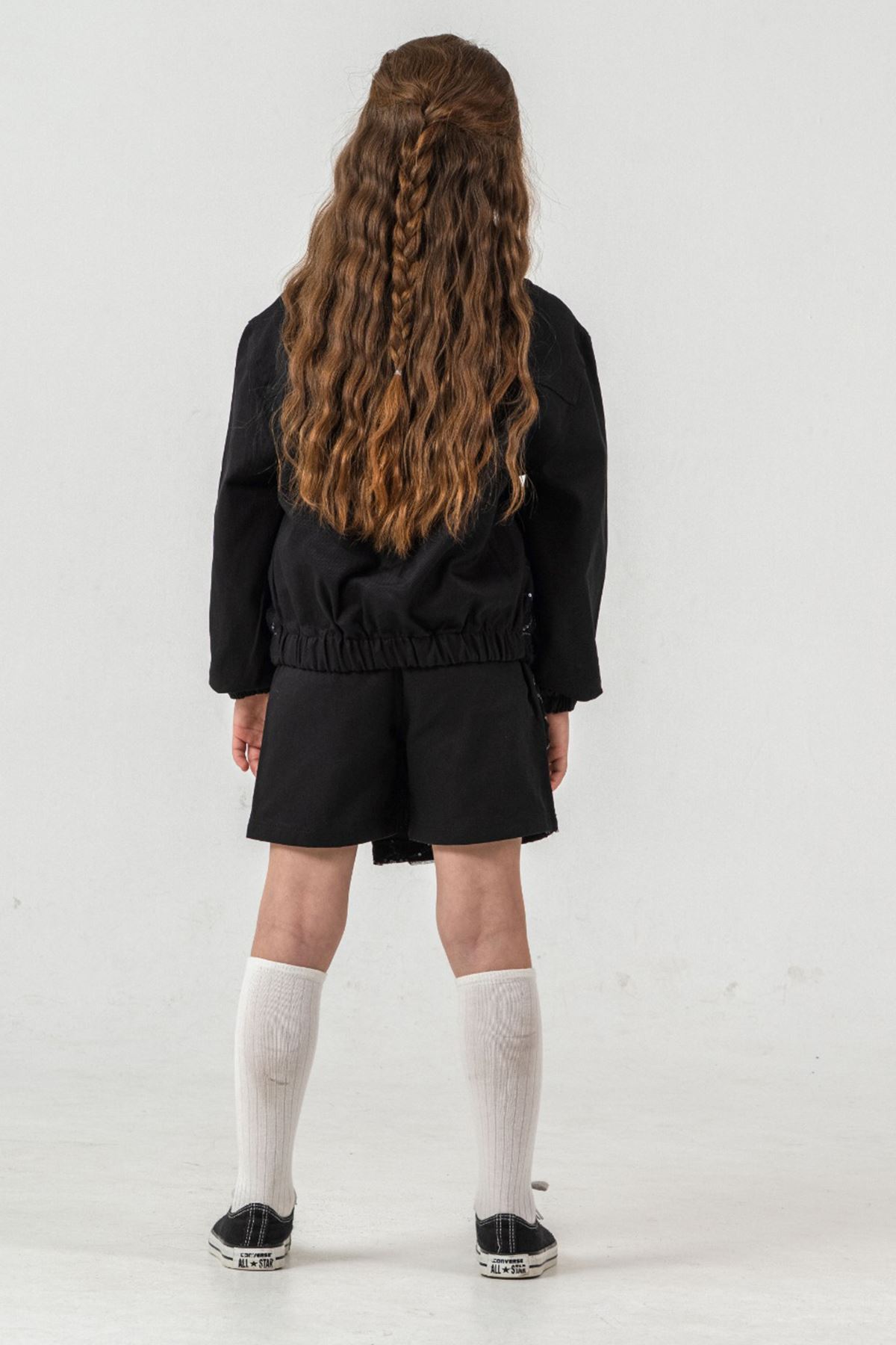 Miniğimin Cicileri Papatya Pul Payet Detaylı Şort Etekli Kız Çocuk Takım - Siyah