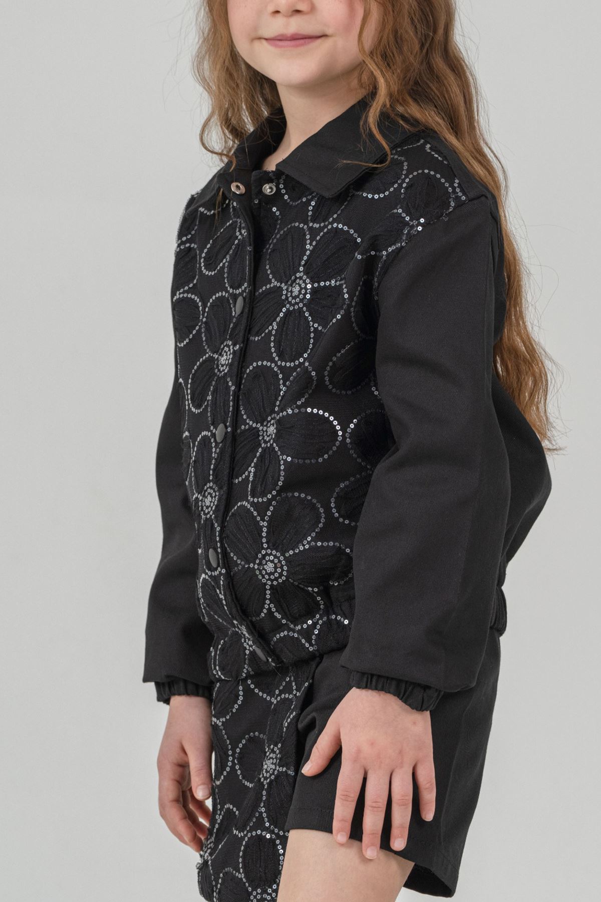 Miniğimin Cicileri Papatya Pul Payet Detaylı Şort Etekli Kız Çocuk Takım - Siyah