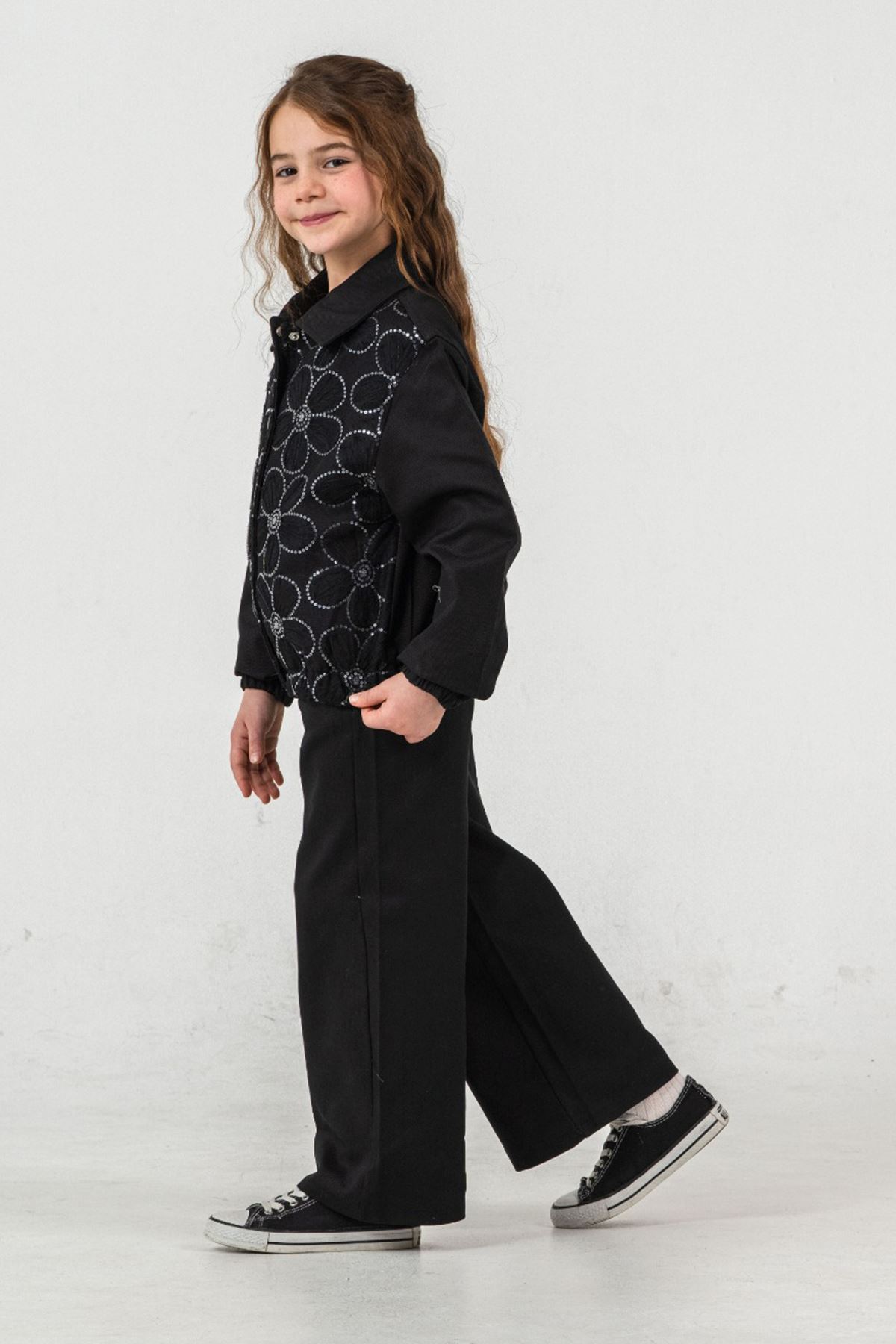 Miniğimin Cicileri Papatya Pul Payet Detaylı Pantolonlu Kız Çocuk Takım - Siyah