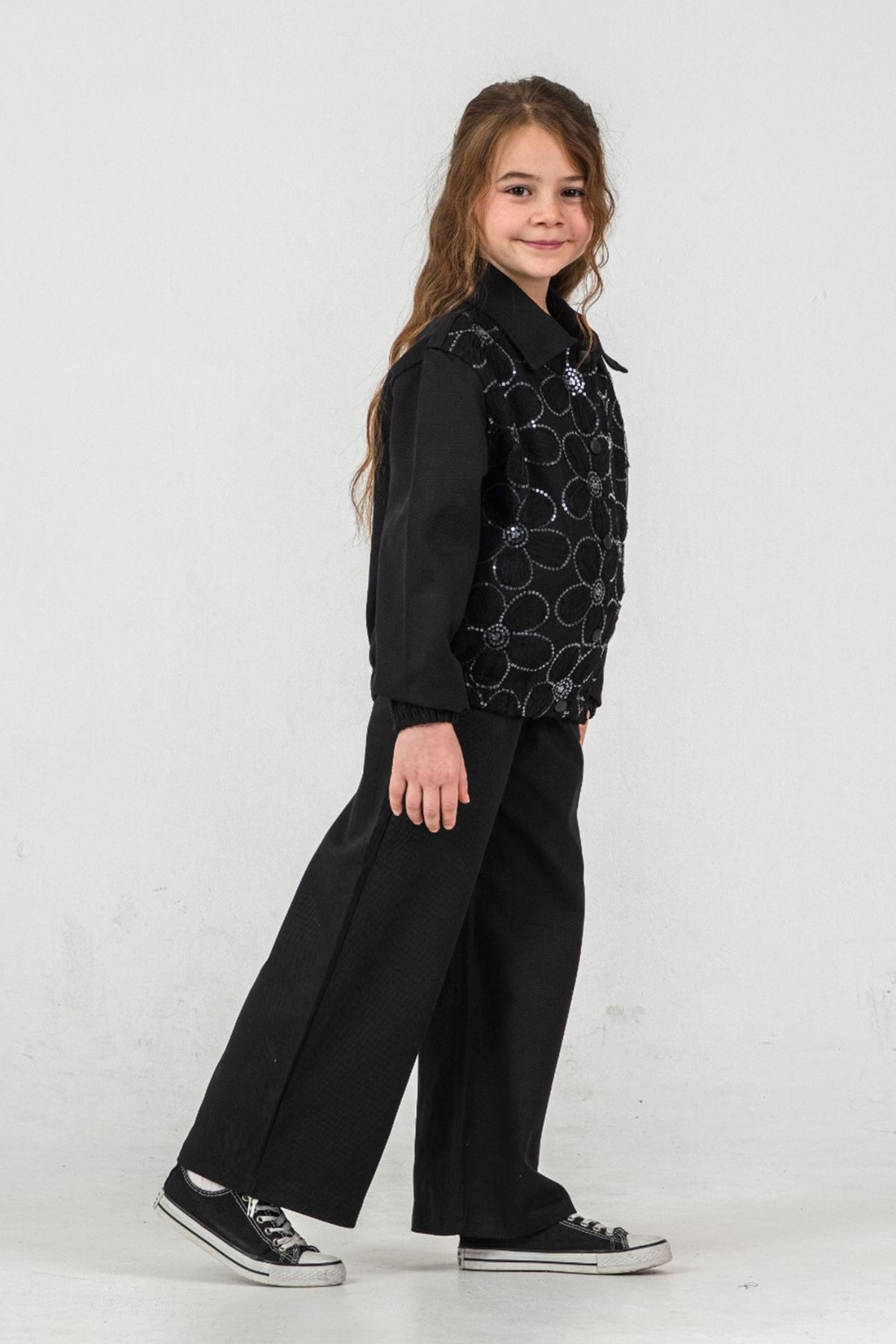 Miniğimin Cicileri Papatya Pul Payet Detaylı Pantolonlu Kız Çocuk Takım - Siyah