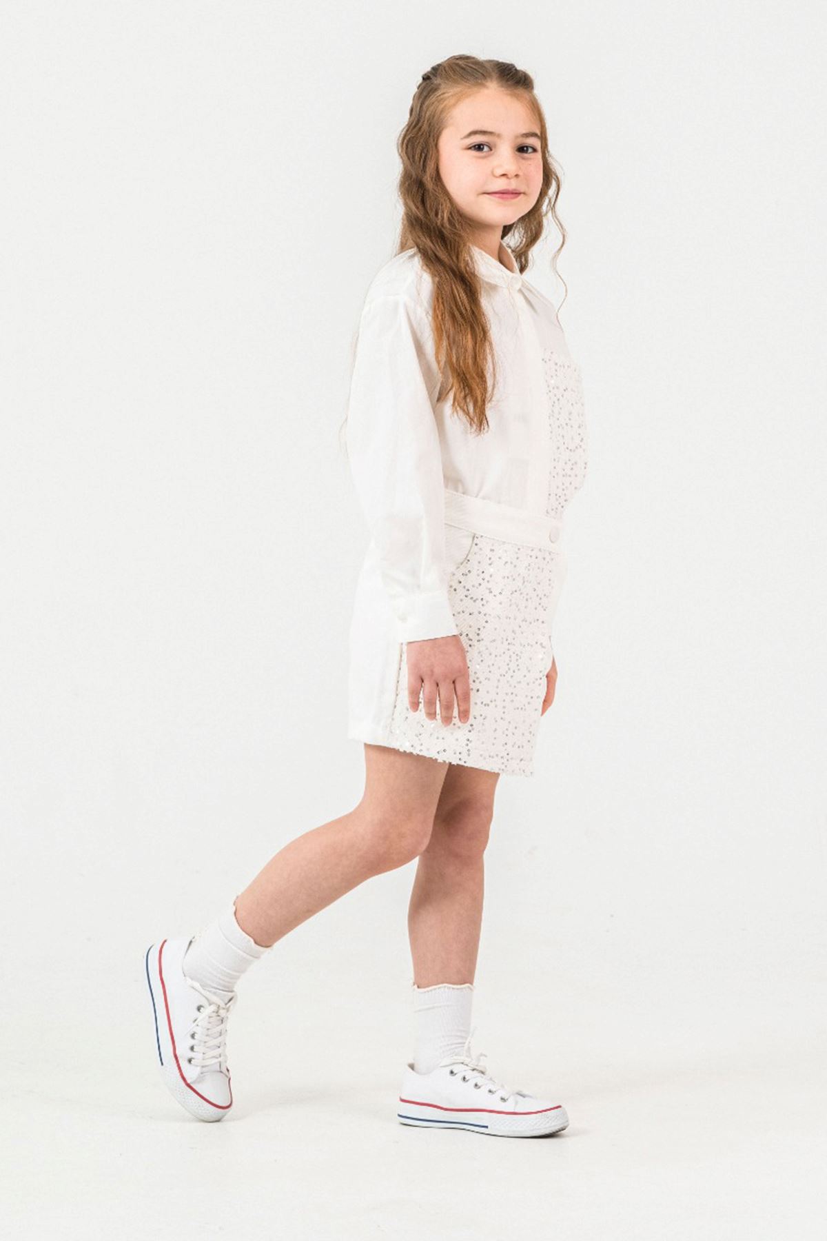 Miniğimin Cicileri Pul Payet Detaylı Gömlekli Şortetekli Kız Çocuk Takım - Beyaz
