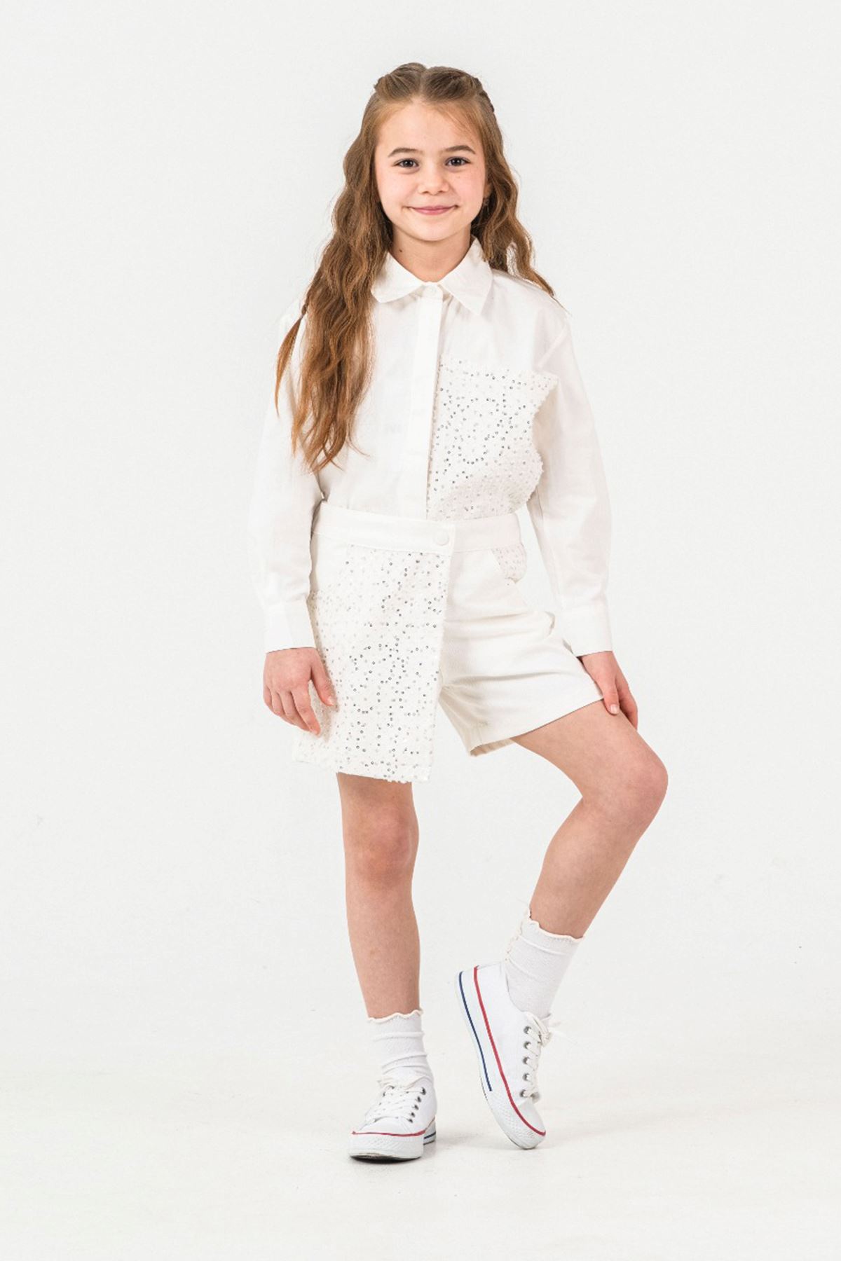Miniğimin Cicileri Pul Payet Detaylı Gömlekli Şortetekli Kız Çocuk Takım - Beyaz