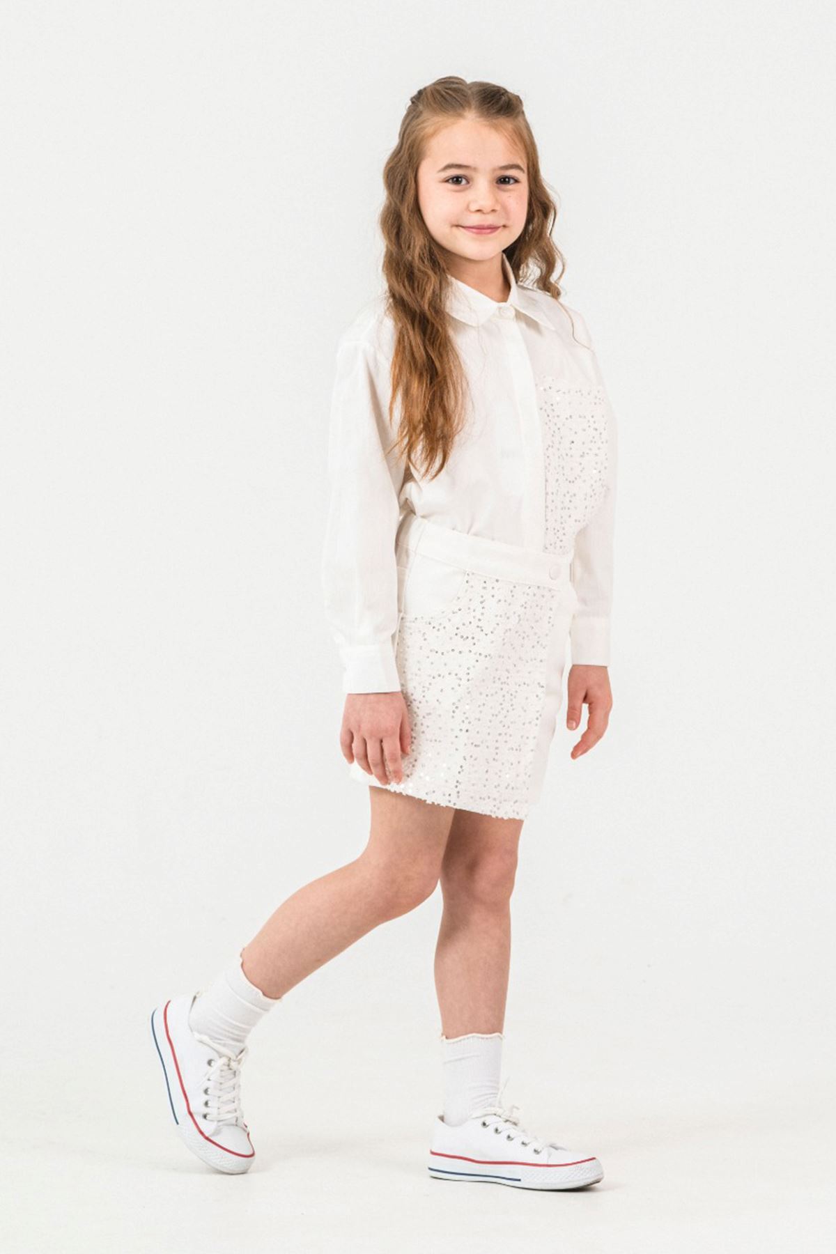 Miniğimin Cicileri Pul Payet Detaylı Gömlekli Şortetekli Kız Çocuk Takım - Beyaz