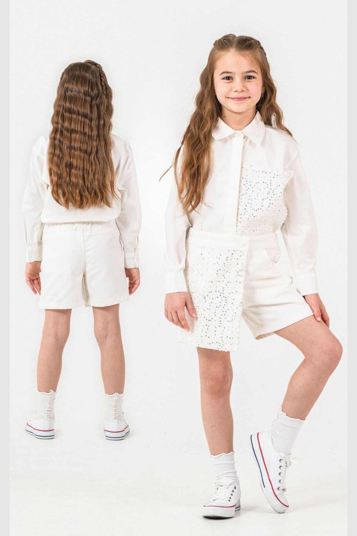 Miniğimin Cicileri Pul Payet Detaylı Gömlekli Şortetekli Kız Çocuk Takım - Beyaz
