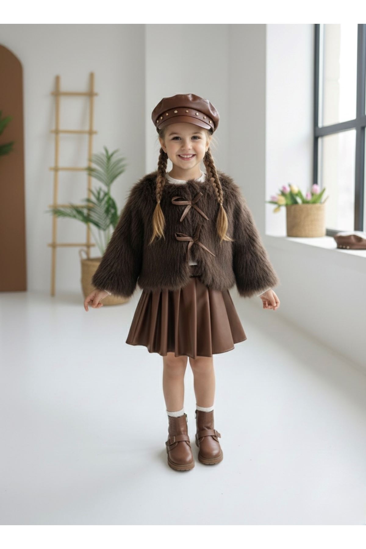 Miniğimin Cicileri Kürklü Deri Etekli Kız Çocuk 4 lü Takım - Acı Kahve