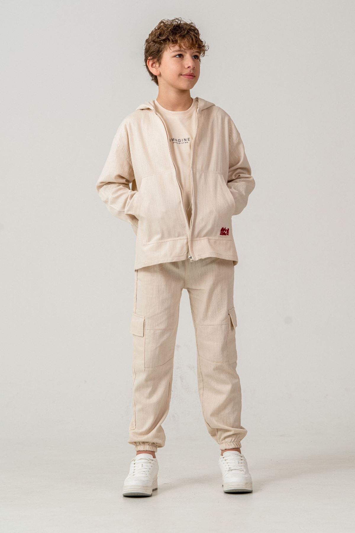 Miniğimin Cicileri İmagine Kargo Cepli Pamuk 3 lü Erkek Çocuk Takım - Krem