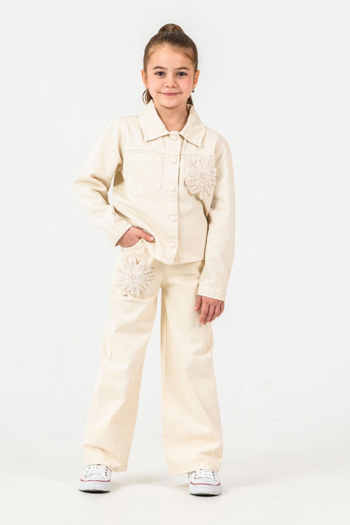 Miniğimin Cicileri Çiçek Aplikeli Kız Organik Kız Çocuk 3 lü Ceketli Takım - Krem