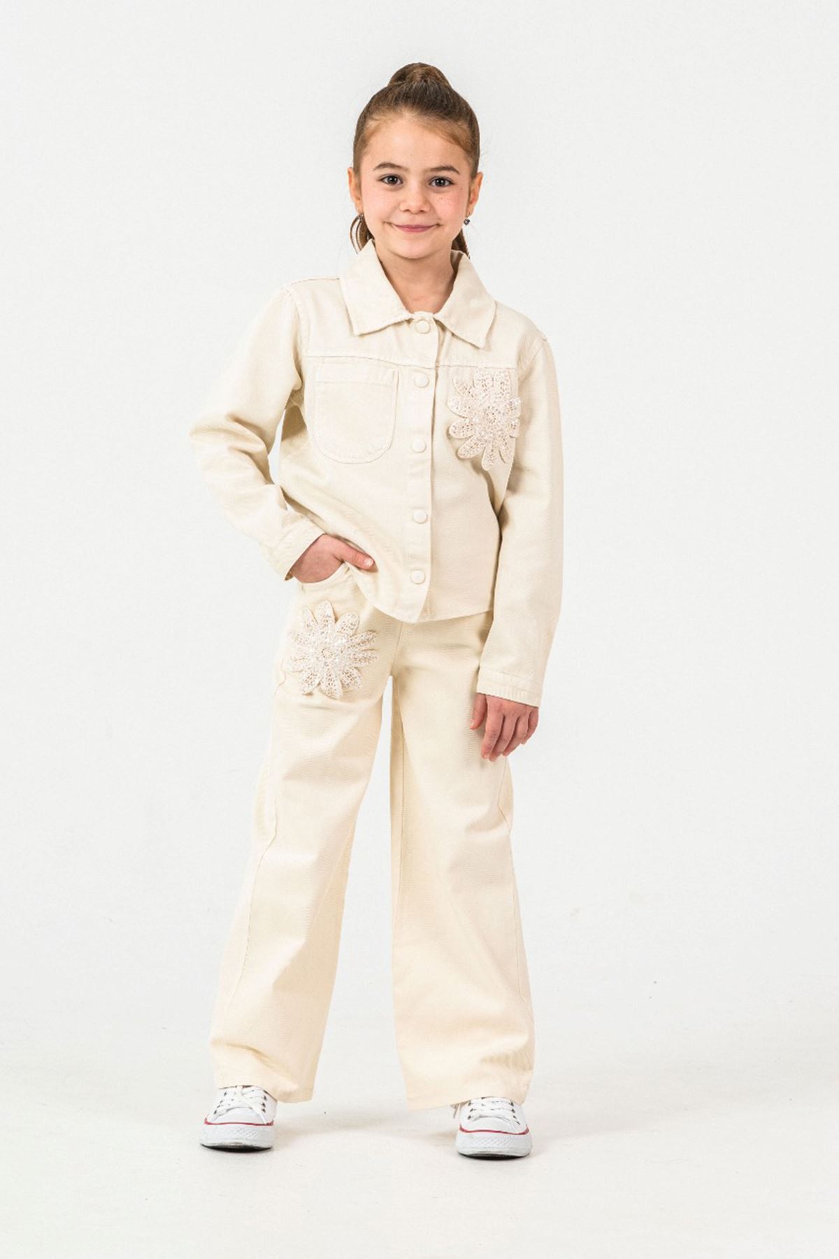 Miniğimin Cicileri Çiçek Aplikeli Kız Organik Kız Çocuk 3 lü Ceketli Takım - Krem