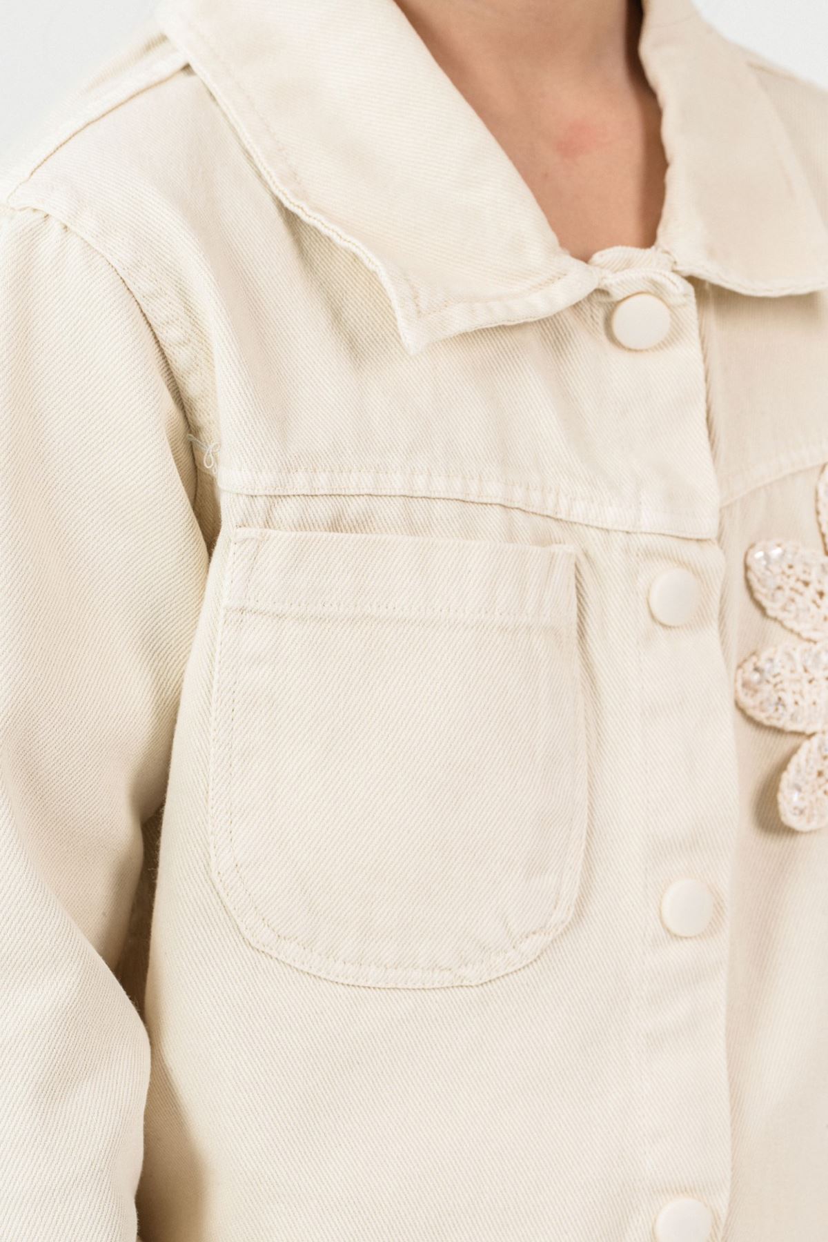 Miniğimin Cicileri Çiçek Aplikeli Kız Organik Kız Çocuk 3 lü Ceketli Takım - Krem