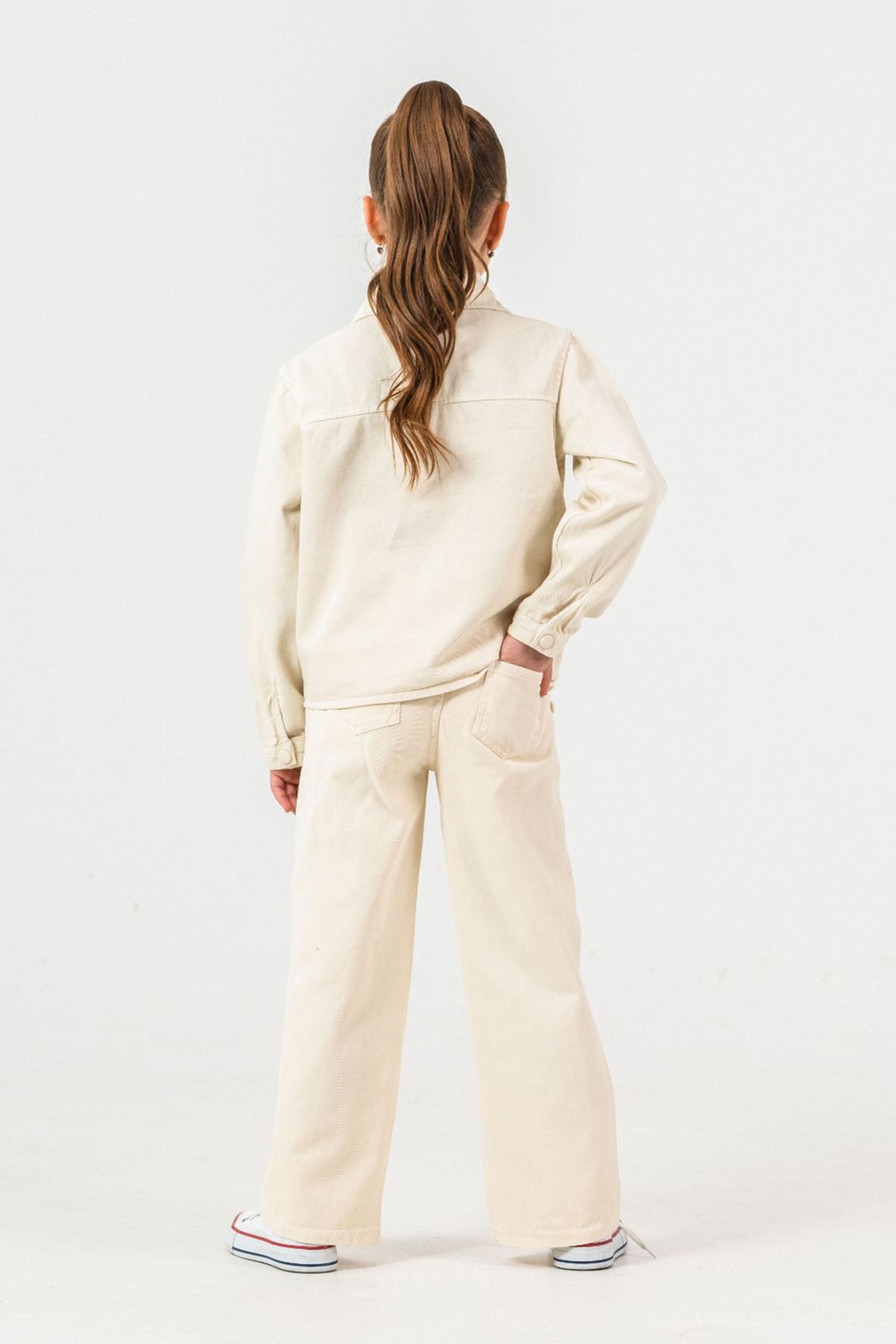 Miniğimin Cicileri Çiçek Aplikeli Kız Organik Kız Çocuk 3 lü Ceketli Takım - Krem