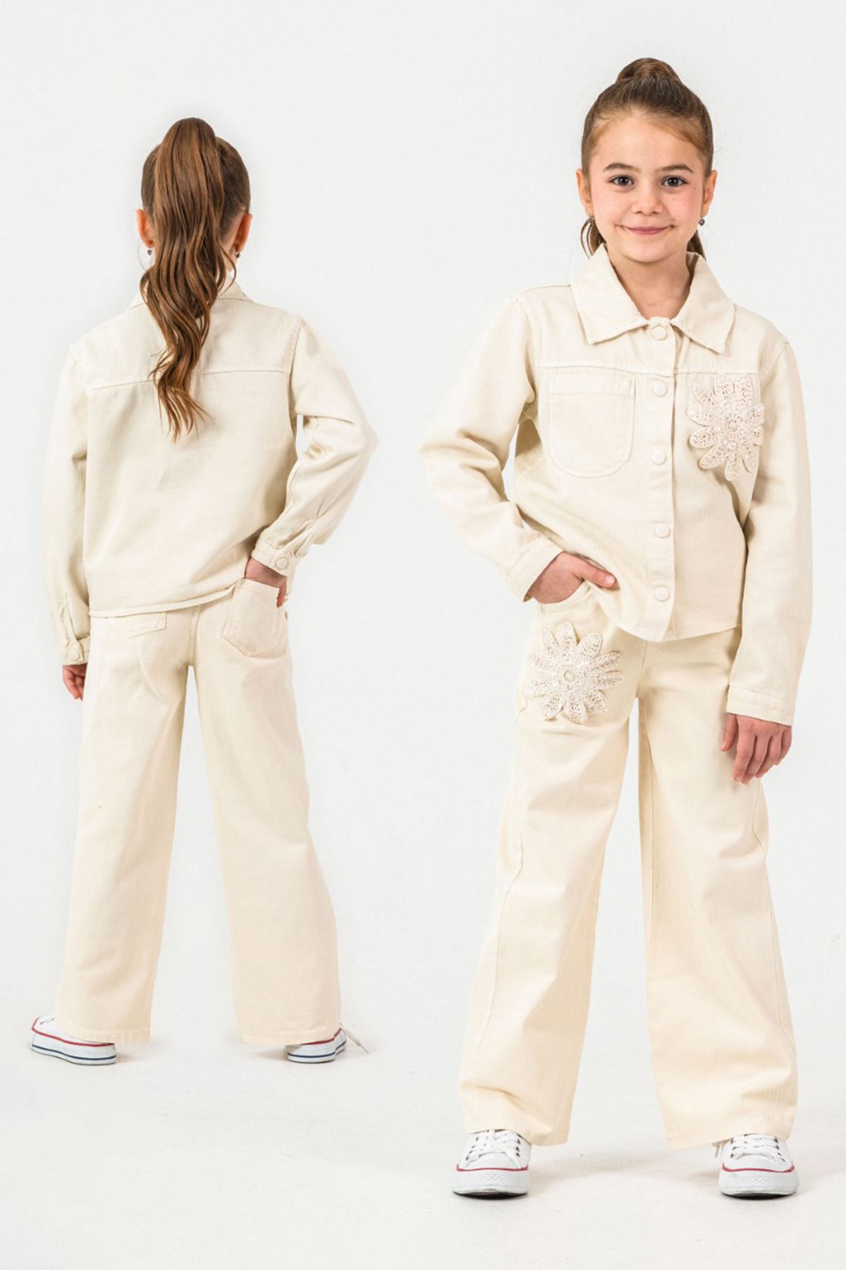 Miniğimin Cicileri Çiçek Aplikeli Kız Organik Kız Çocuk 3 lü Ceketli Takım - Krem