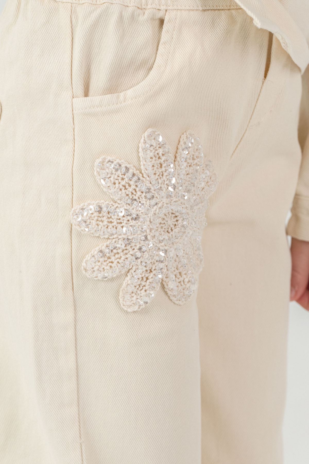 Miniğimin Cicileri Çiçek Aplikeli Kız Organik Kız Çocuk 3 lü Ceketli Takım - Krem