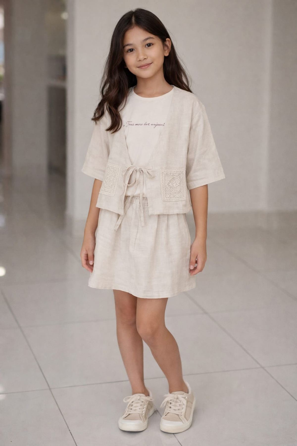 Miniğimin Cicileri Naturel Stil Örgü Cepli  Kız Çocuk Şortlu 3 lü Takım- Bej