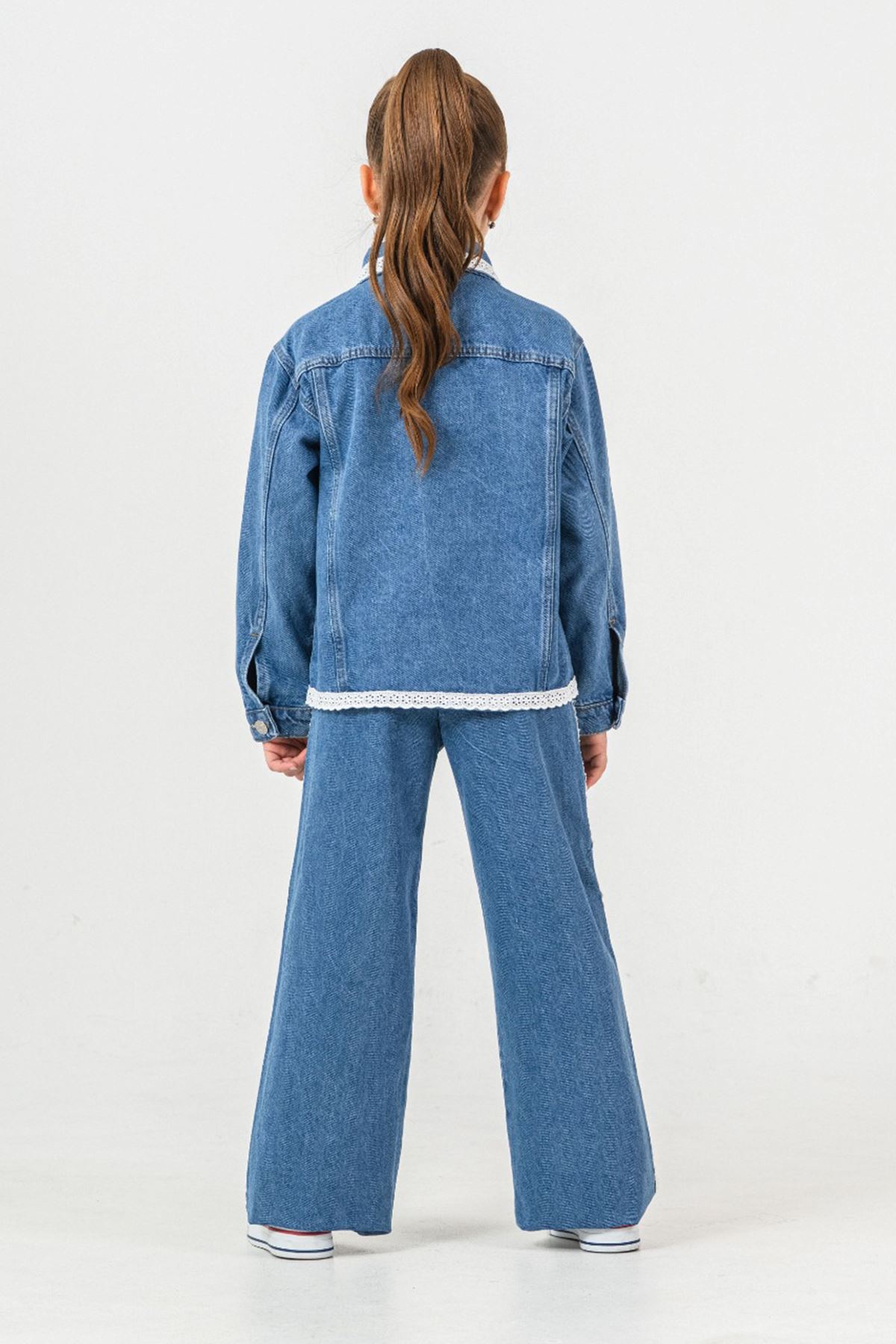 Miniğimin Cicileri Dantel Şerit Detaylı Kot Ceket ve Pantolon Kız Çocuk Takımı - Mavi