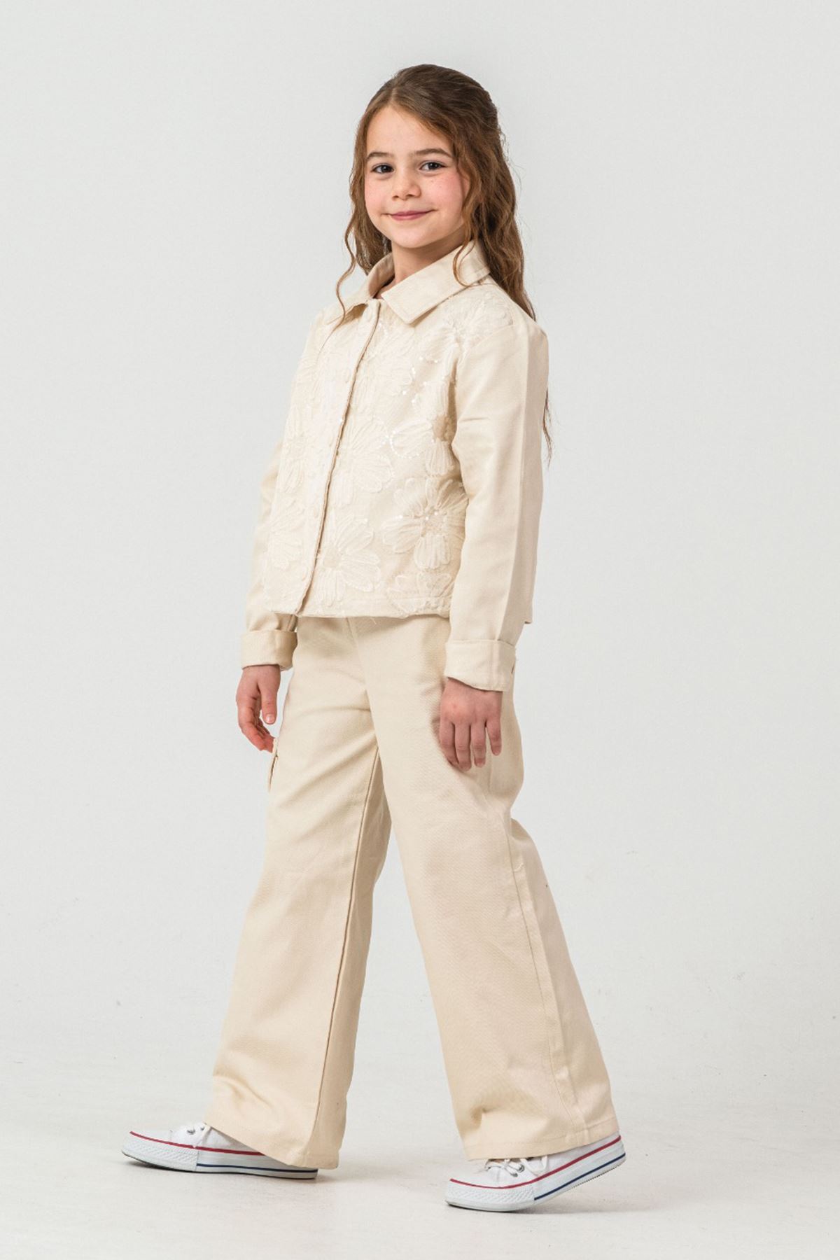 Miniğimin Cicileri Çiçek Tül Detaylı Kargo Cepli Dokuma 2 li Takım - Krem