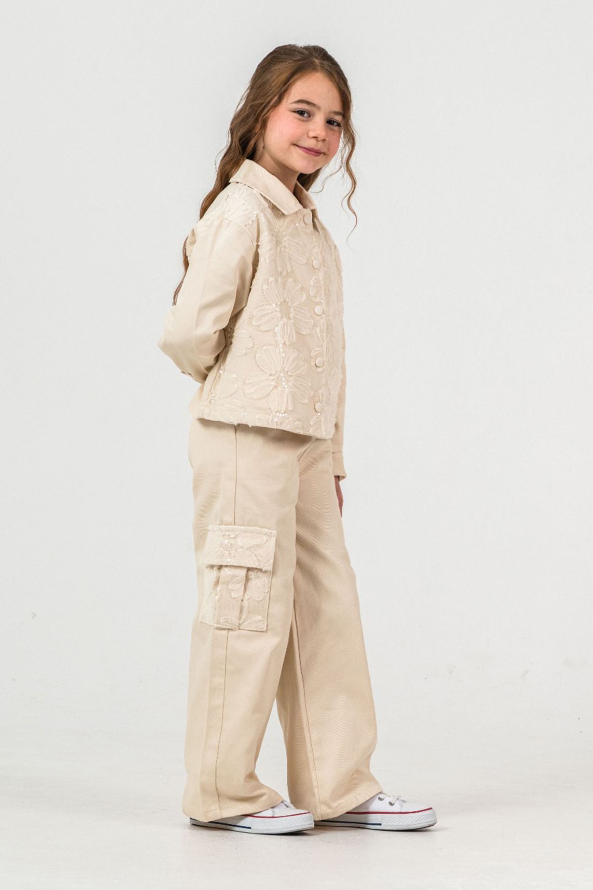 Miniğimin Cicileri Çiçek Tül Detaylı Kargo Cepli Dokuma 2 li Takım - Krem
