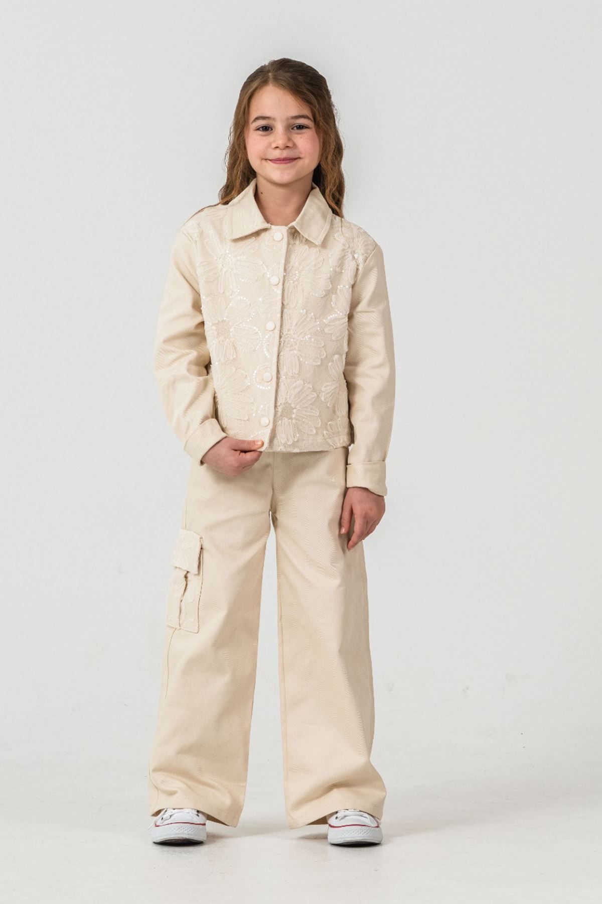 Miniğimin Cicileri Çiçek Tül Detaylı Kargo Cepli Dokuma 2 li Takım - Krem