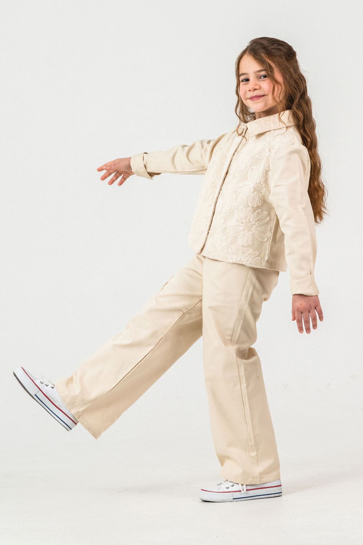 Miniğimin Cicileri Çiçek Tül Detaylı Kargo Cepli Dokuma 2 li Takım - Krem