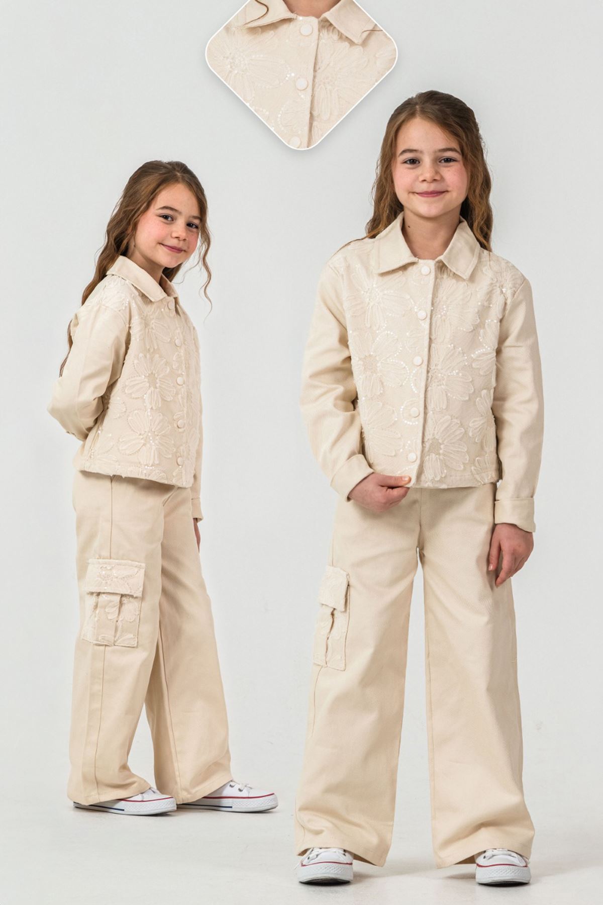 Miniğimin Cicileri Çiçek Tül Detaylı Kargo Cepli Dokuma 2 li Takım - Krem