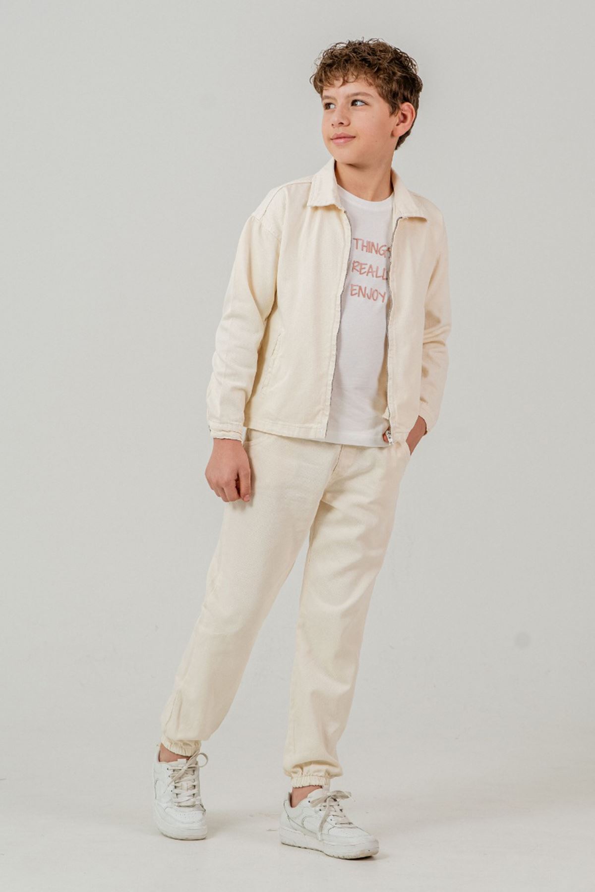 Miniğimin Cicileri Enjoy Baskılı Dokuma Spor 3 lü Erkek Çocuk Takım - Krem