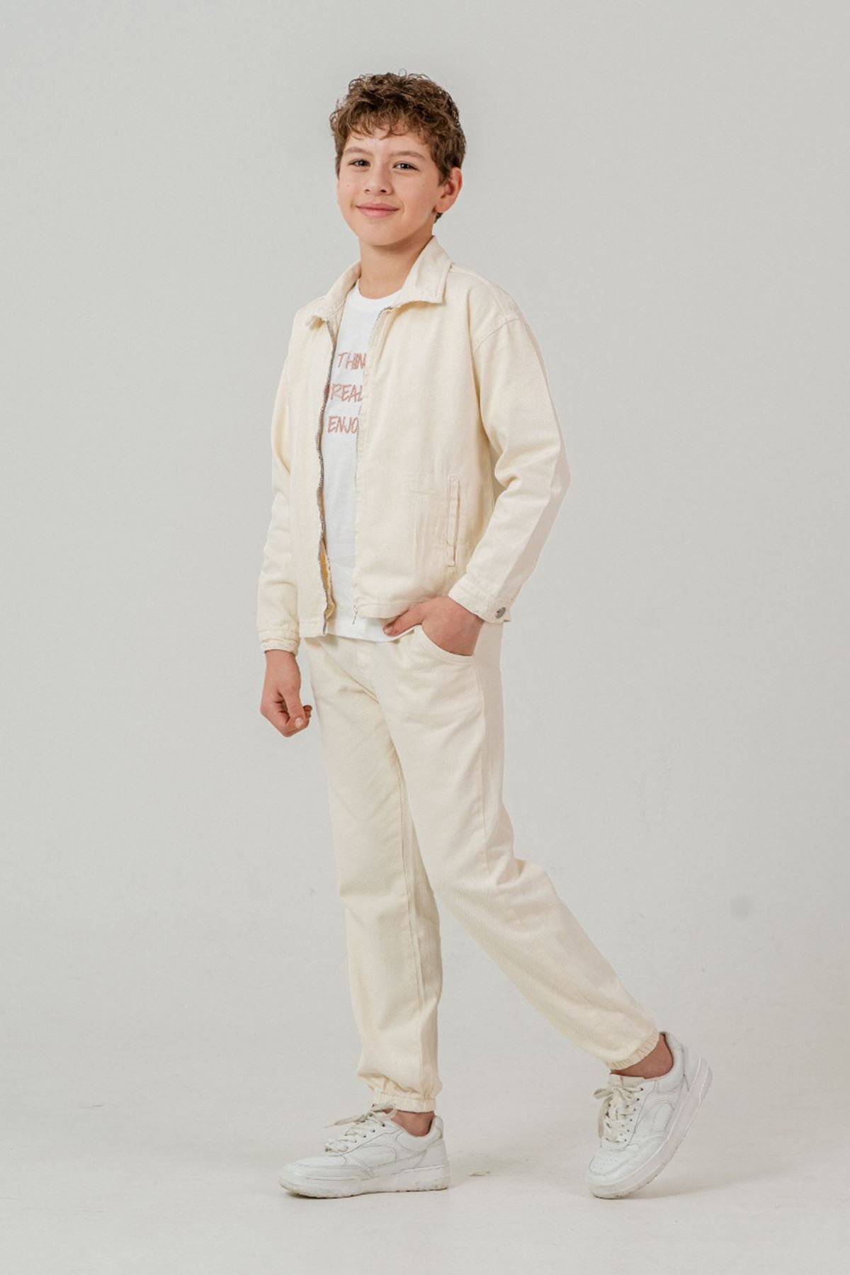 Miniğimin Cicileri Enjoy Baskılı Dokuma Spor 3 lü Erkek Çocuk Takım - Krem