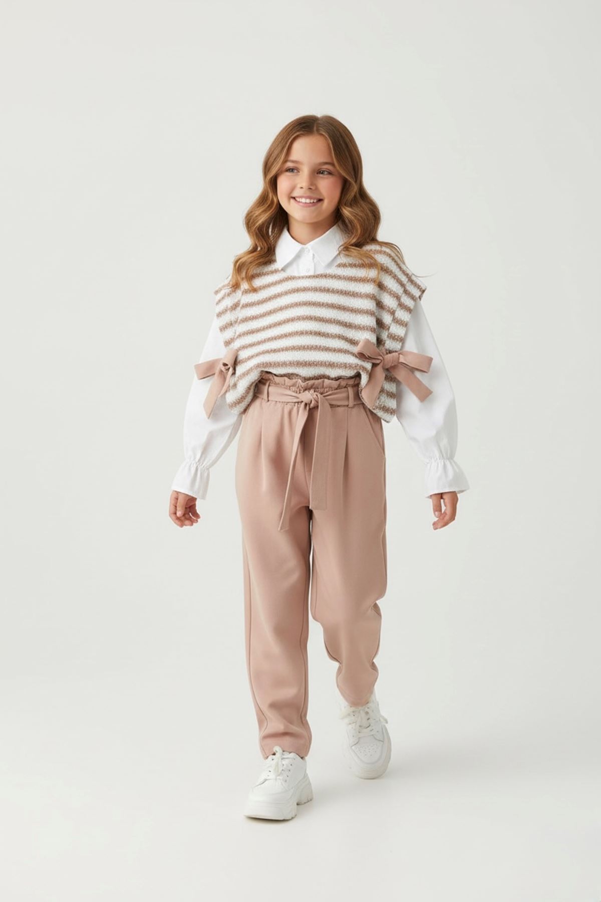 Miniğimin Cicileri Triko Fiyonk Detaylı Kız Çocuk 3 lü Takım - Tarçın