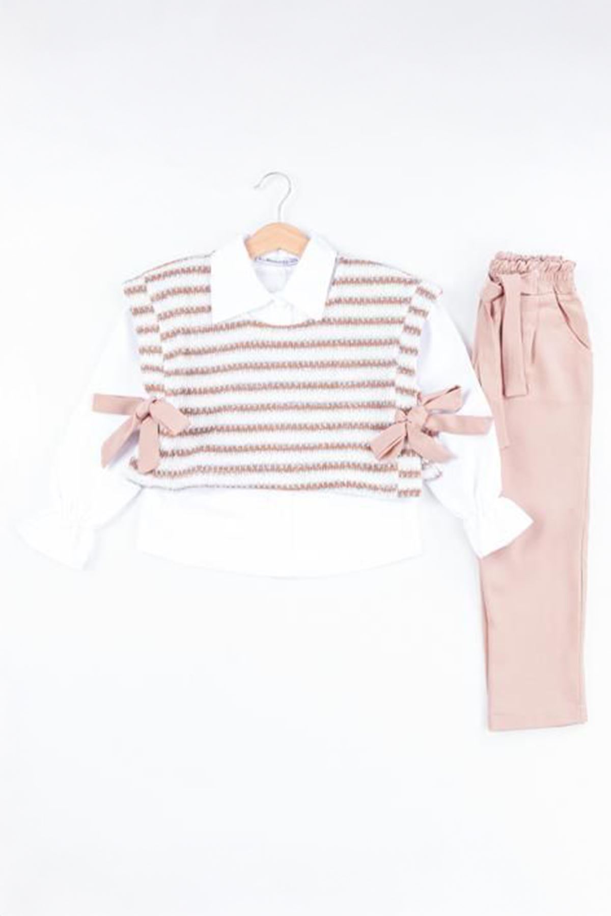 Miniğimin Cicileri Triko Fiyonk Detaylı Kız Çocuk 3 lü Takım - Tarçın