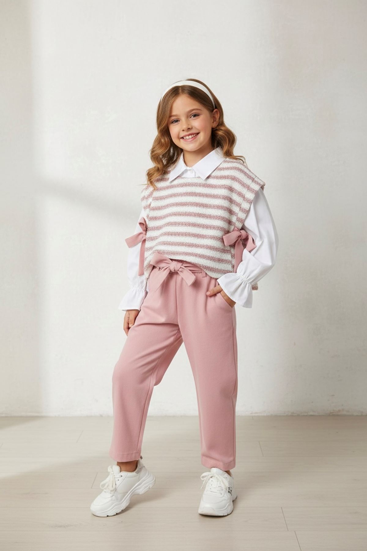 Miniğimin Cicileri Triko Fiyonk Detaylı Kız Çocuk 3 lü Takım - Pembe