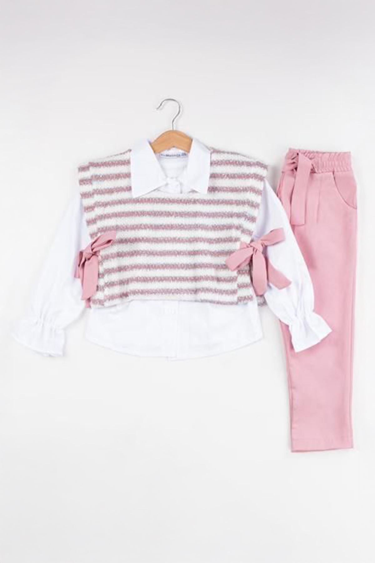 Miniğimin Cicileri Triko Fiyonk Detaylı Kız Çocuk 3 lü Takım - Pembe