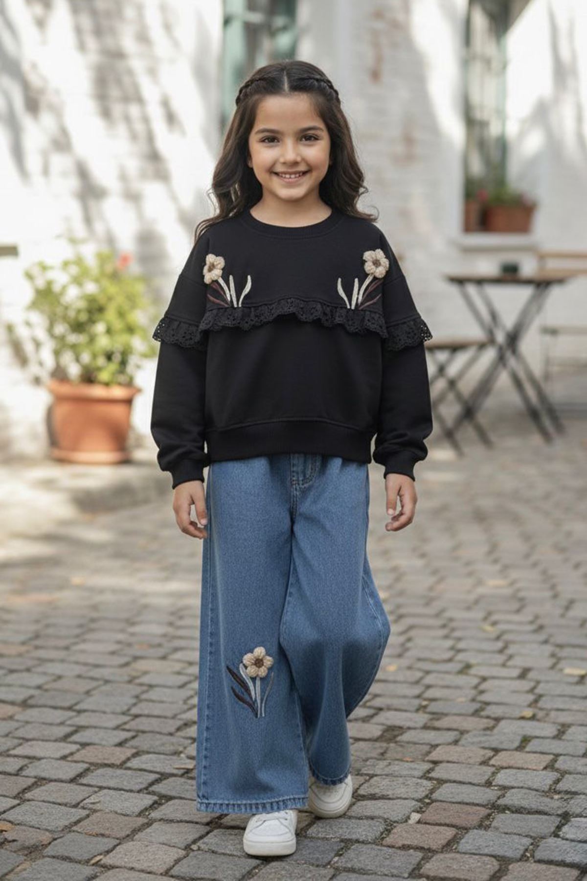 Miniğimin Cicileri Papatya Örgü Fisto Detaylı Kız Çocuk Bol Pantolonlu Takım - SiyahMavi
