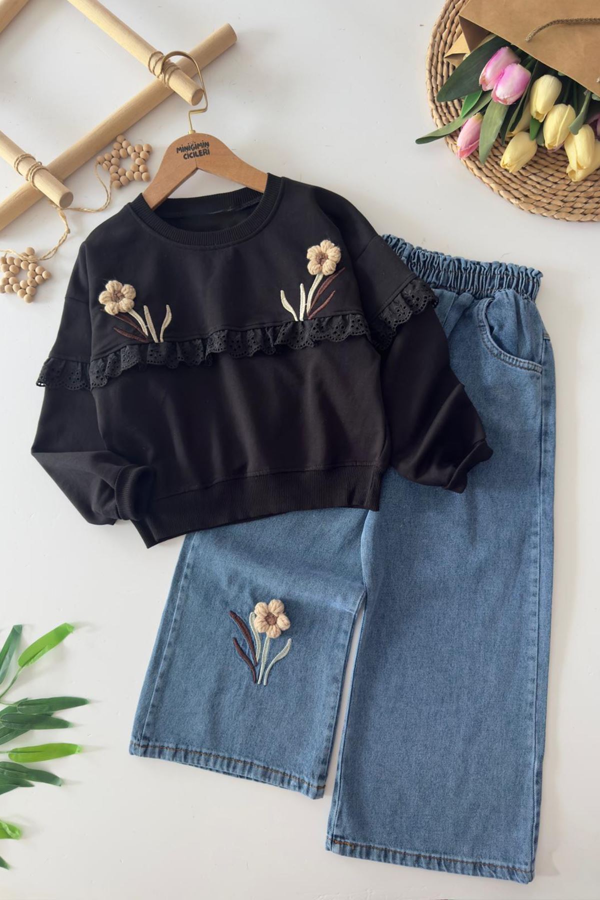 Miniğimin Cicileri Papatya Örgü Fisto Detaylı Kız Çocuk Bol Pantolonlu Takım - SiyahMavi