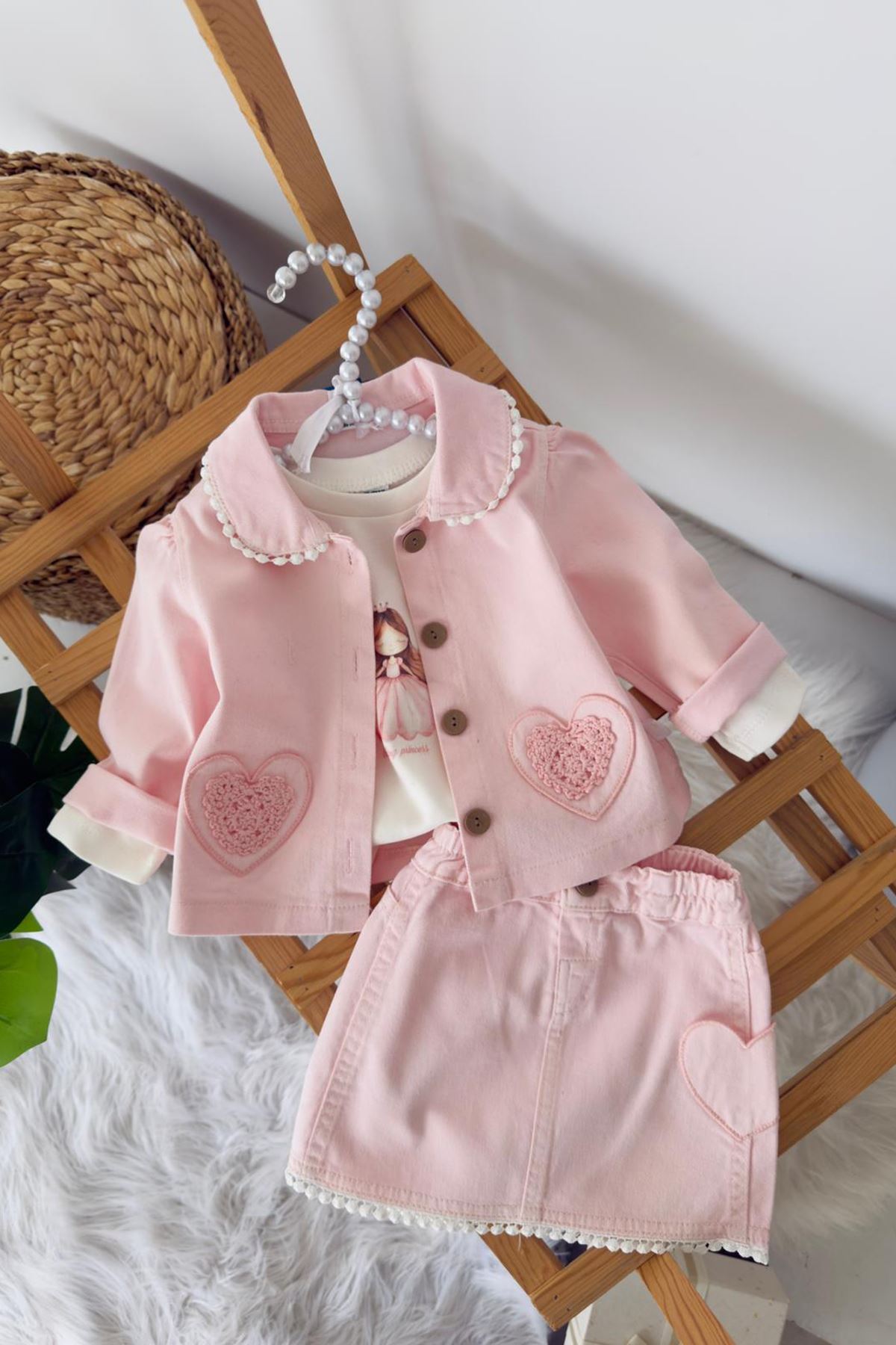 Miniğimin Cicileri Kalp Cep Detaylı Örgü Desen Kız Bebek 3 lü Etekli Takım - Pembe