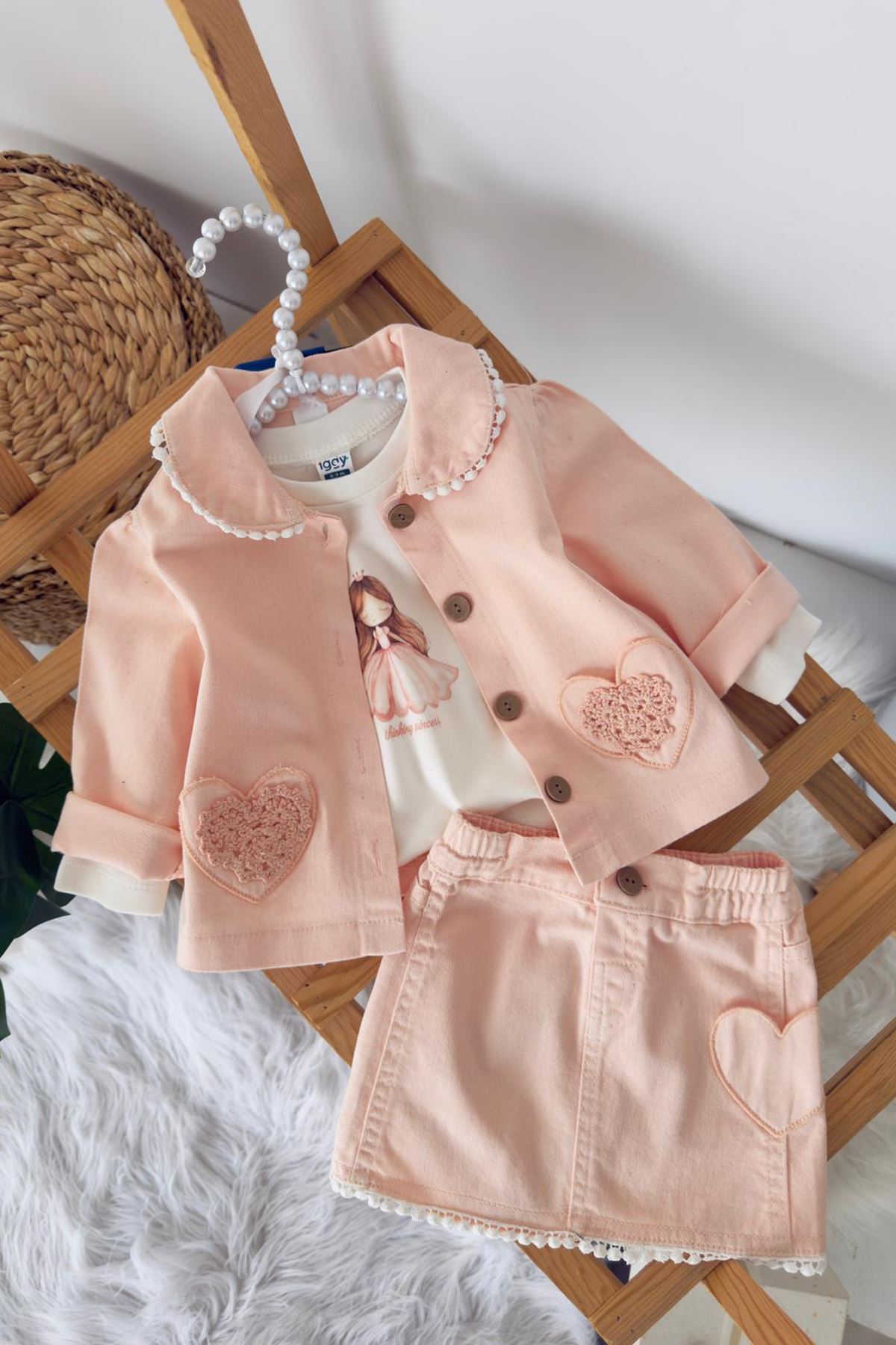 Miniğimin Cicileri Kalp Cep Detaylı Örgü Desen Kız Bebek 3 lü Etekli Takım - Somon