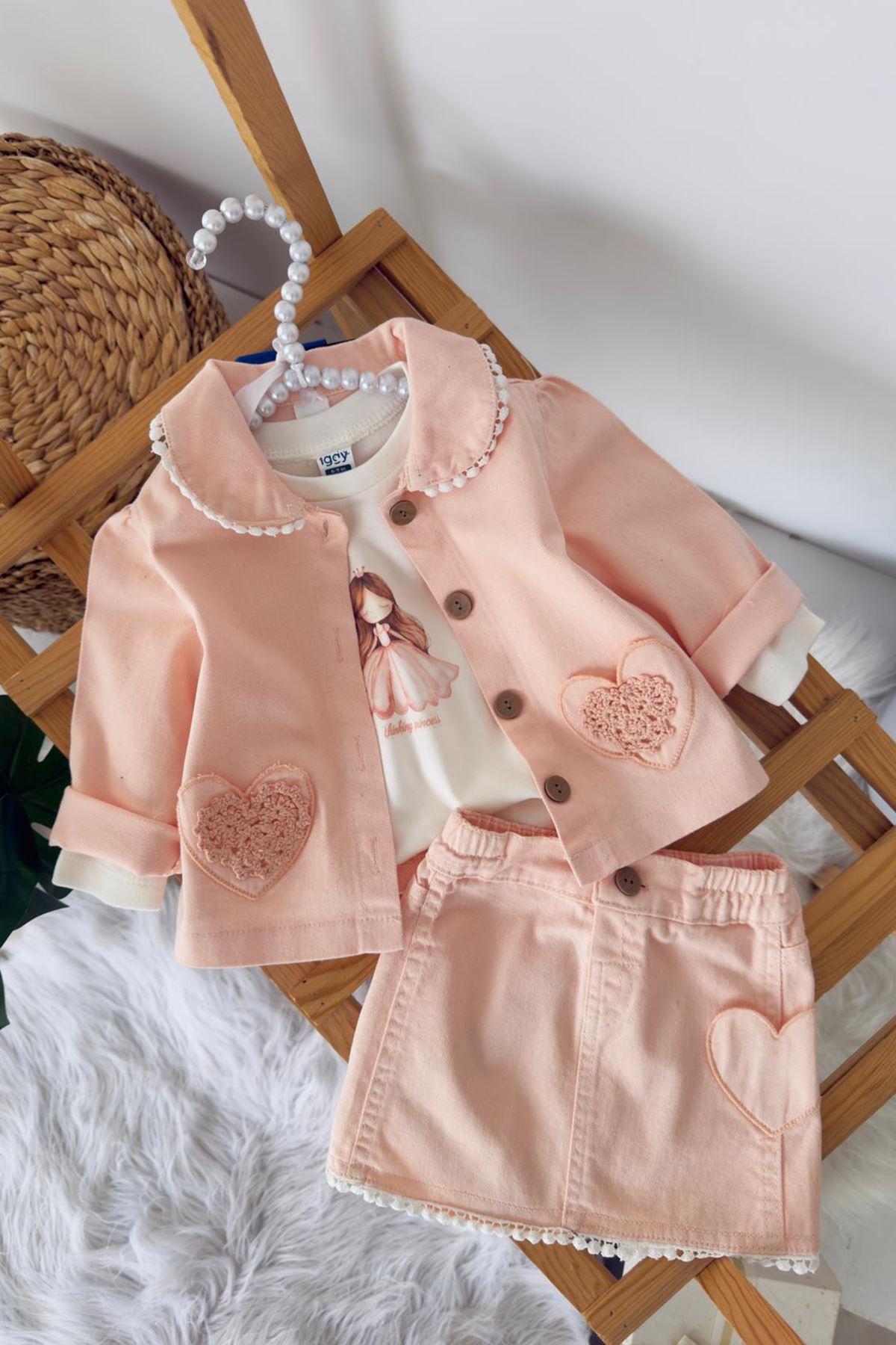Miniğimin Cicileri Kalp Cep Detaylı Örgü Desen Kız Bebek 3 lü Etekli Takım - Somon