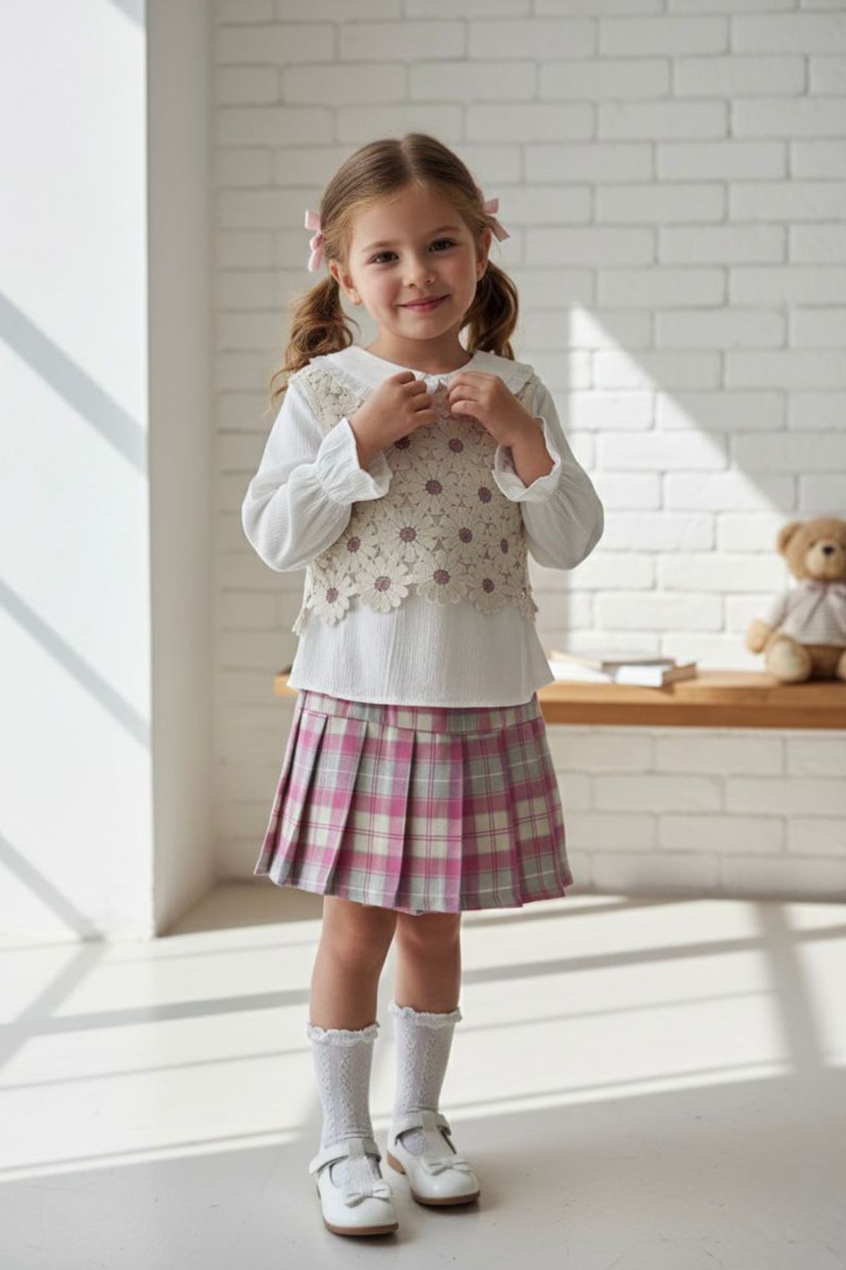 Miniğimin Cicileri Papatya Örgü Desenli Ekose Şort Etekli Kız Çocuk 3 lü Takım - Mor