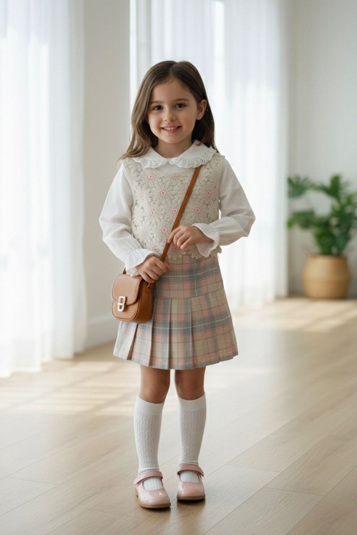 Miniğimin Cicileri Papatya Örgü Desenli Ekose Şort Etekli Kız Çocuk 3 lü Takım - Somon