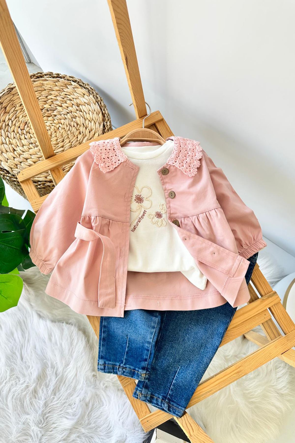 Miniğimin Cicileri Yakası Örgü Trençli Kız Bebek Kotlu 3 lü Takım - Gül Kurusu