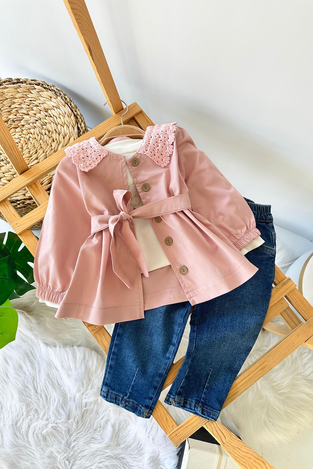 Miniğimin Cicileri Yakası Örgü Trençli Kız Bebek Kotlu 3 lü Takım - Gül Kurusu