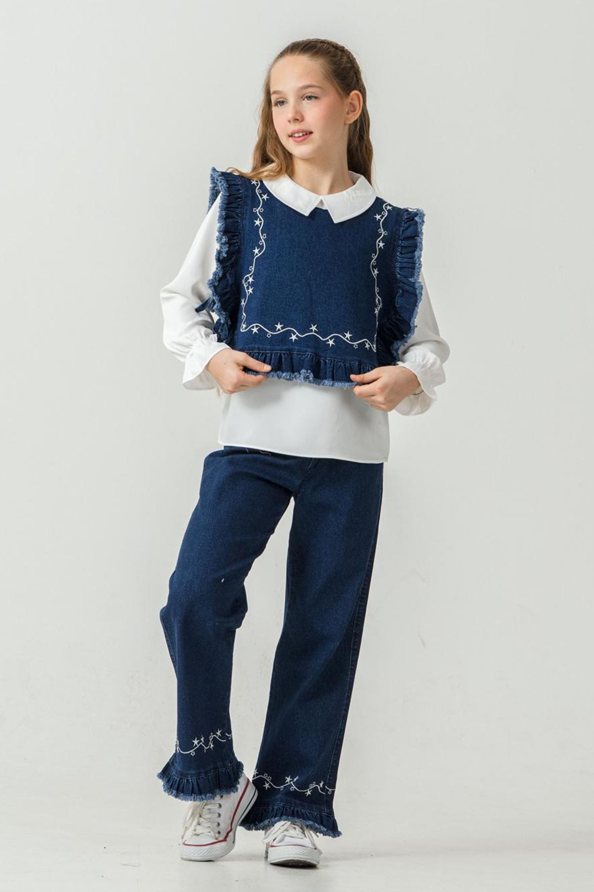 Miniğimin Cicileri Fırfır Detaylı Kotlu Kız Çocuk 3 lü Takım - Koyu Mavi