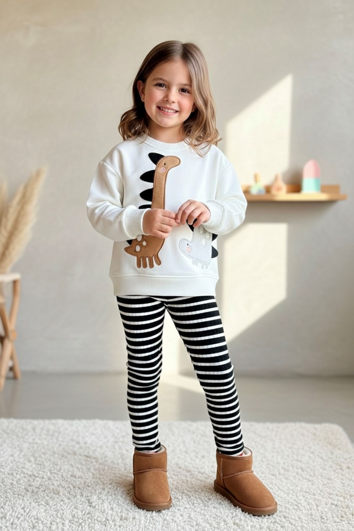 Miniğimin Cicileri Dino Desenli Kız Çocuk 2 li Taytlı Takım - Beyaz