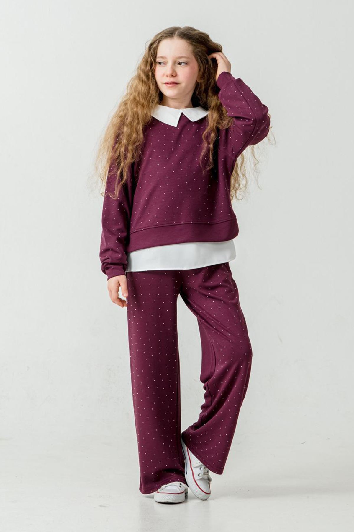 Miniğimin Cicileri Taşlı Oysho Kumaş ,Gömlekli Kız Çocuk 3 lü Takım - Bordo