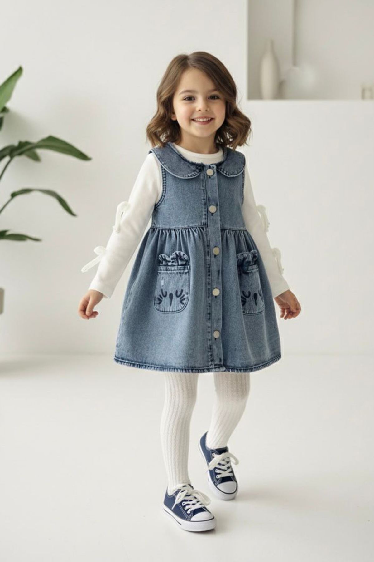 Miniğimin Cicileri Cepleri Sevimli İşleme Detaylı Kolları Fiyonk Detaylı Kız Çocuk Kot Elbiseli Takım - Mavi