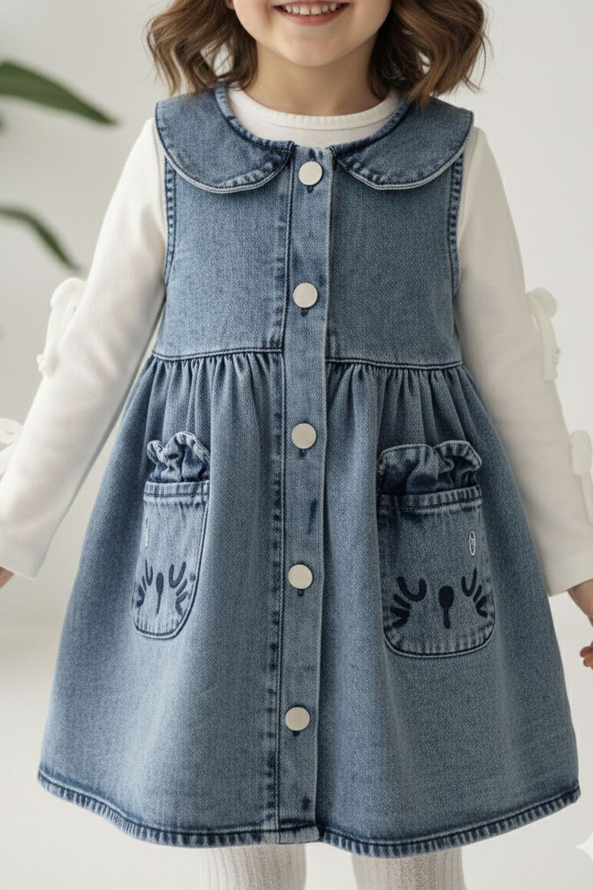 Miniğimin Cicileri Cepleri Sevimli İşleme Detaylı Kolları Fiyonk Detaylı Kız Çocuk Kot Elbiseli Takım - Mavi