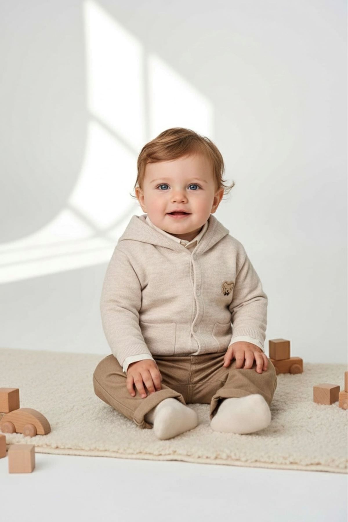 Miniğimin Cicileri Organik Bear Armalı Triko Erkek Bebe 3 lü Takım - Bej