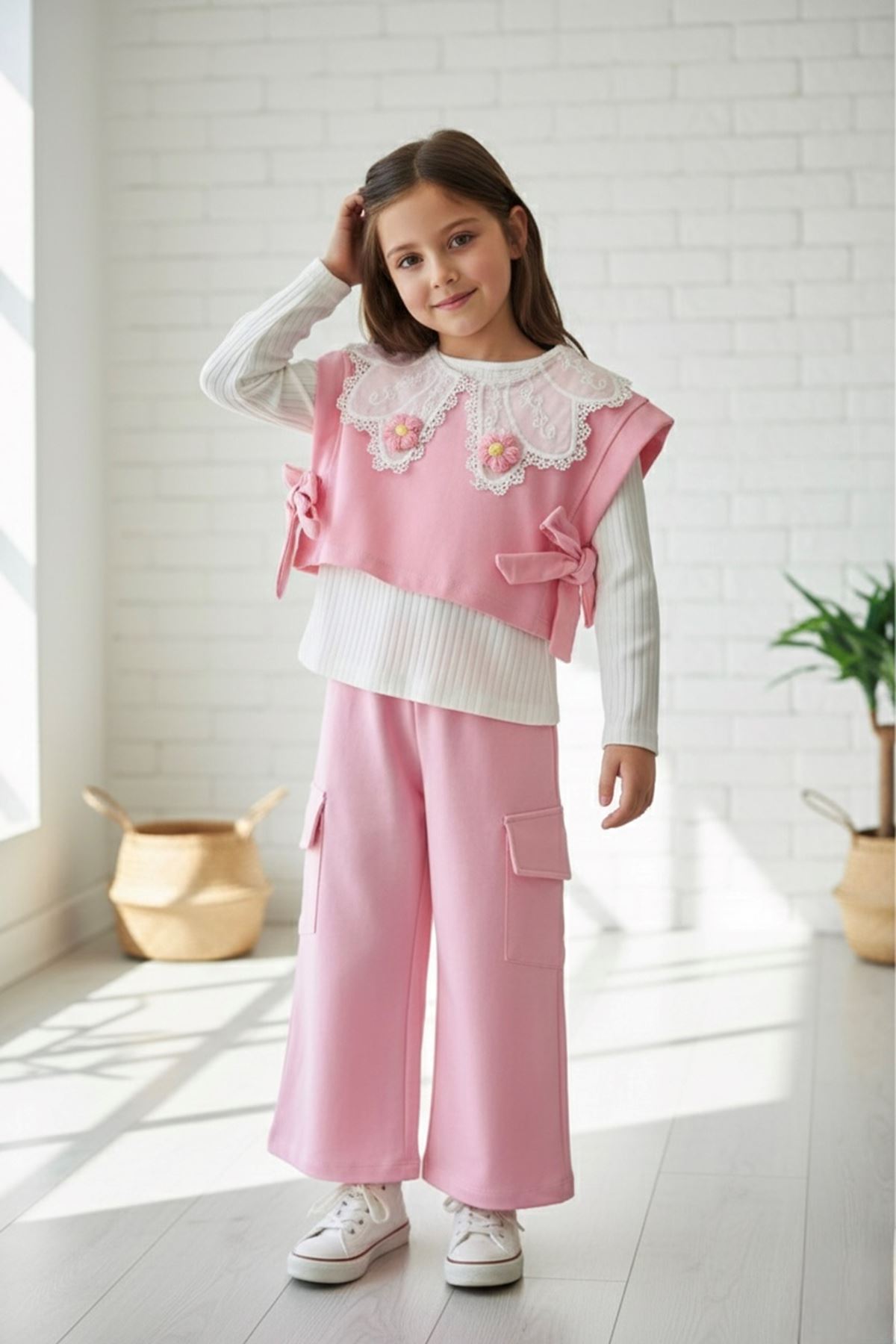 Miniğimin Cicileri Papatya Örgü Detaylı 3 lü Kız Çocuk Takım - Pembe