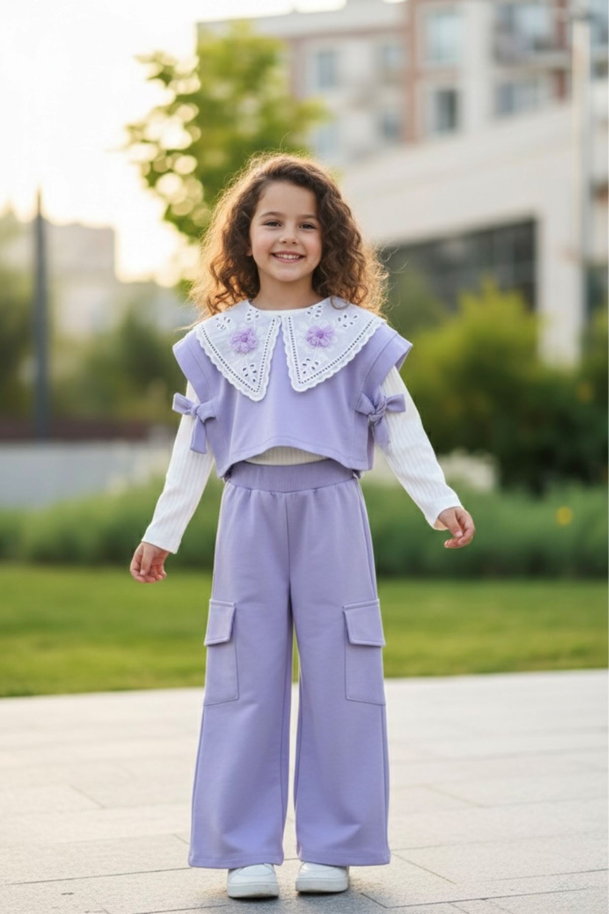 Miniğimin Cicileri Papatya Örgü Detaylı 3 lü Kız Çocuk Takım - Lila
