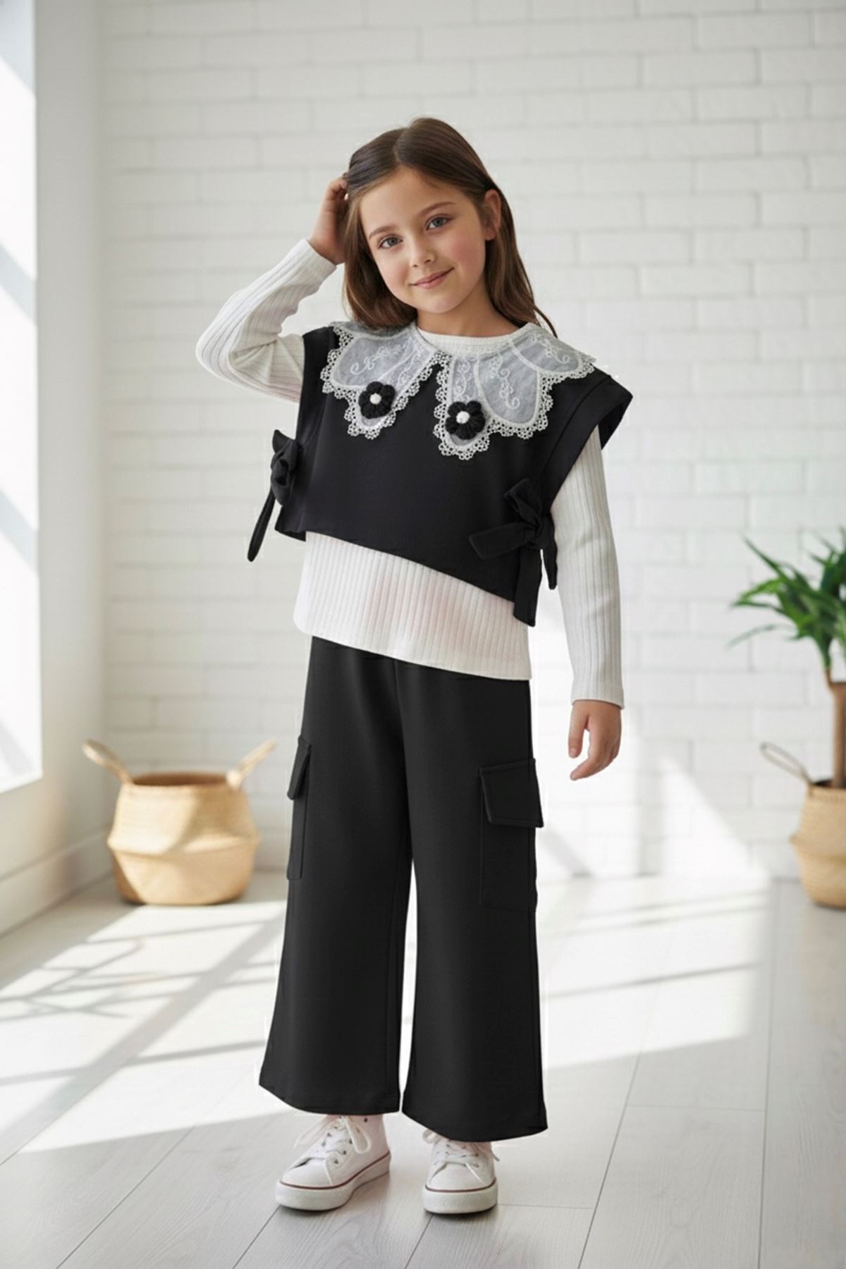 Miniğimin Cicileri Papatya Örgü Detaylı 3 lü Kız Çocuk Takım - Siyah