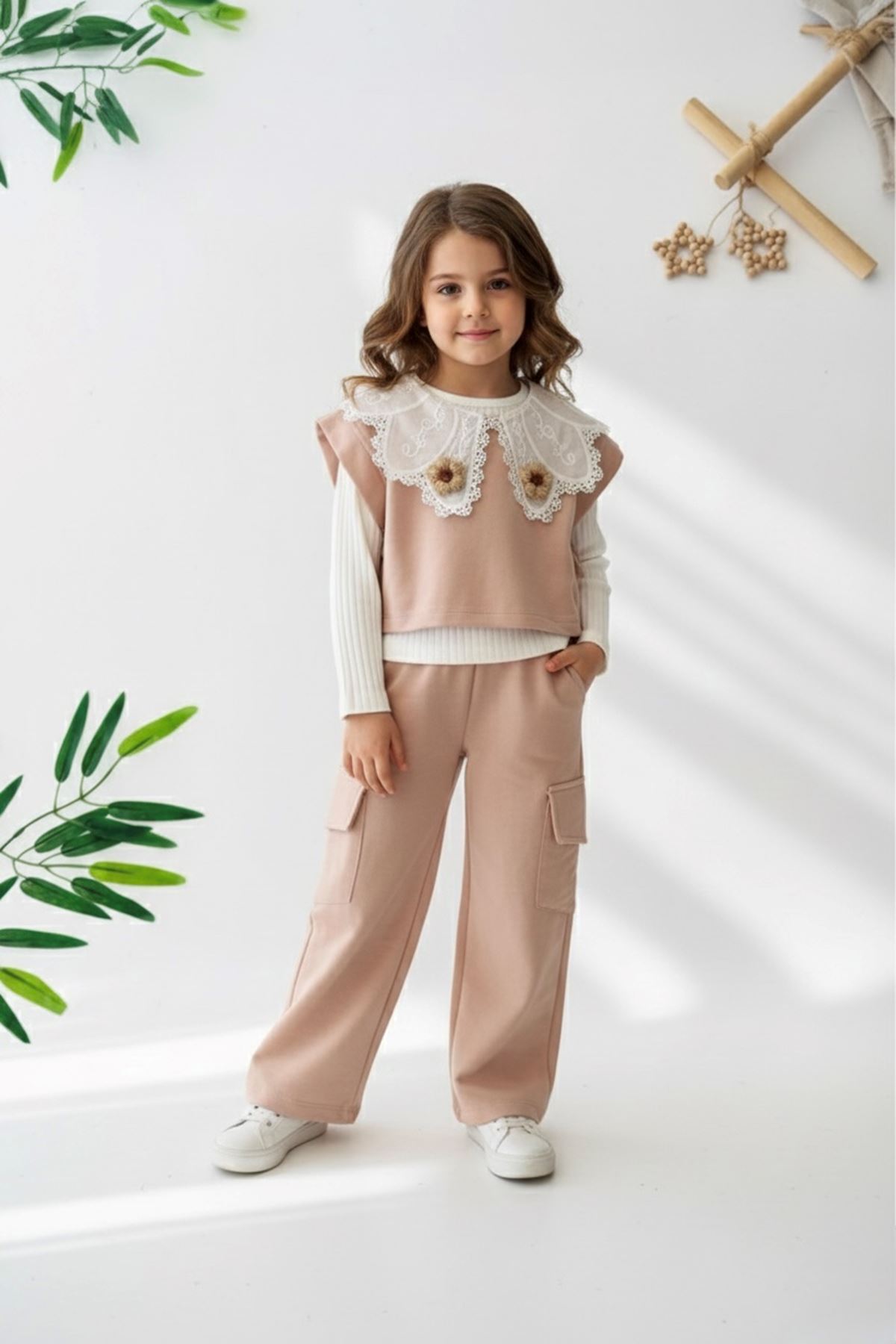 Miniğimin Cicileri Papatya Örgü Detaylı 3 lü Kız Çocuk Takım - Kahve