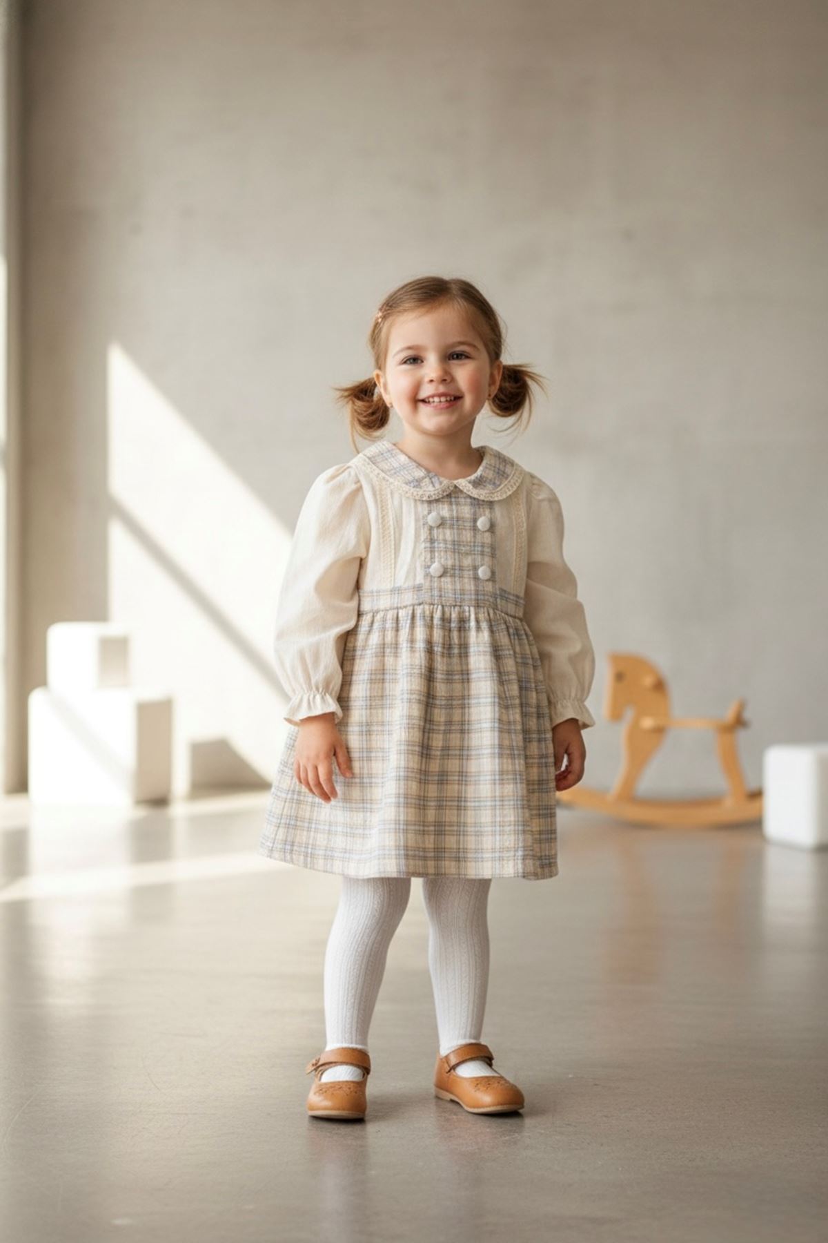 Miniğimin Cicileri Ekose Düğme Detaylı Kız Çocuk Pamuk Elbise - Mavi