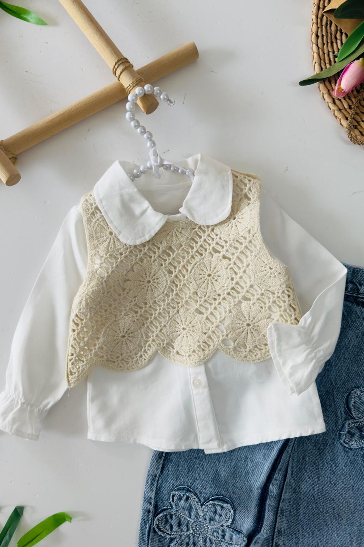 Miniğimin Cicileri Örgü Desenli 3 lü Papatya Kotlu Kız Çocuk Takım - Krem